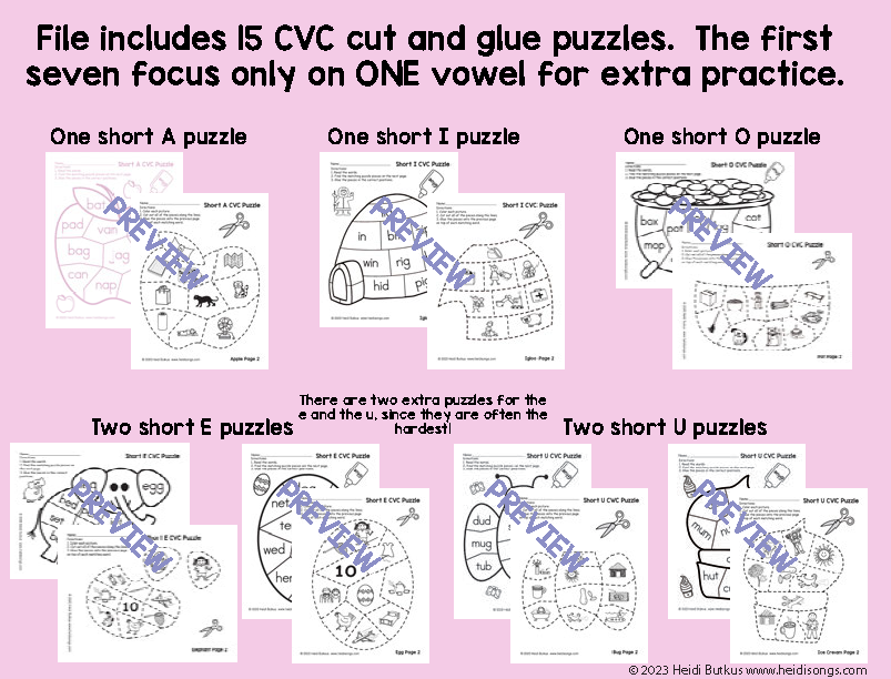 CVC Cut and Glue Puzzles for Single Vowel Sounds
