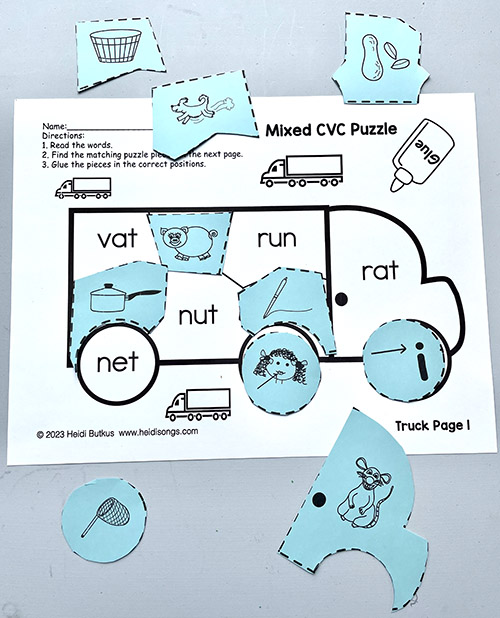 CVC Cut and Glue Puzzle Truck for Mixed Vowel Sounds