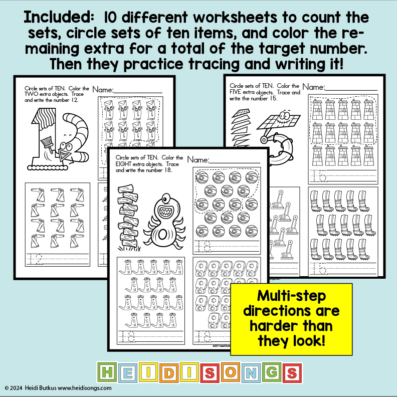 Circle ten objects and then color the extras to make the number 11-20