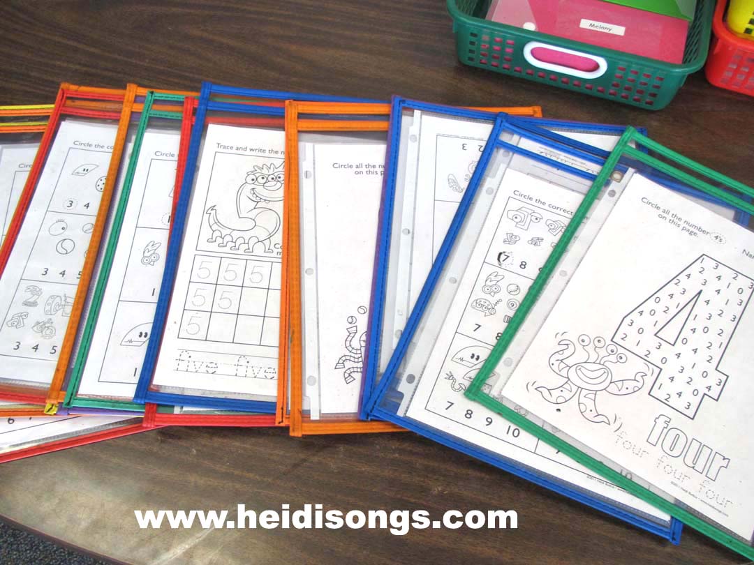 Worksheets in dry erase sleeves